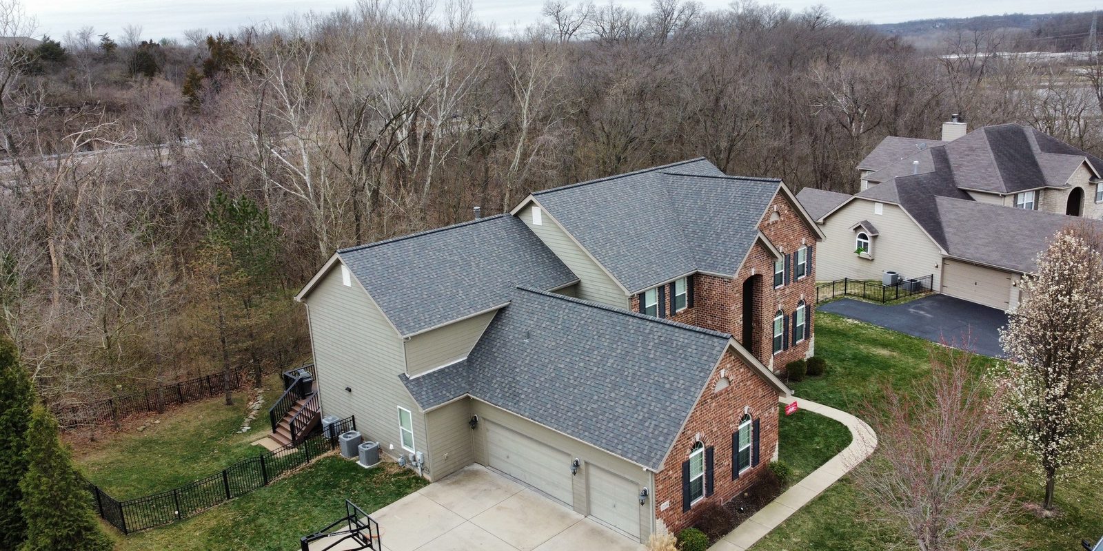 Aerial view of an architectural shingle roof installed by Reliant Exteriors in St. Louis